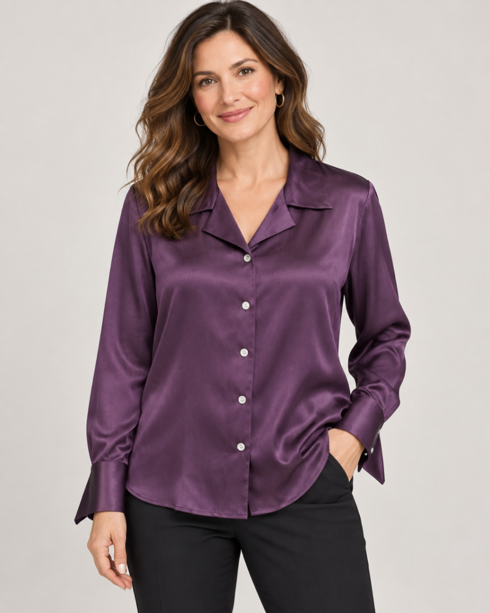 Jaclyn Smith Classic Women’s XL Purple Satin Blouse Button Front Long Sleeve Top